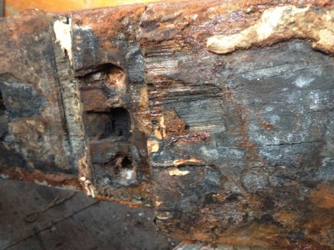 The old mast step is a crumbling lump