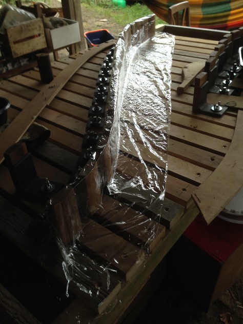 Cling film to stop the glue bonding to the jig